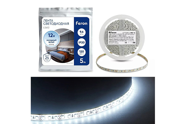 Лента светодиодная FERON 120SMD(2835)/м 9.6W/м 12V  6500К 5м/уп LS612  27729