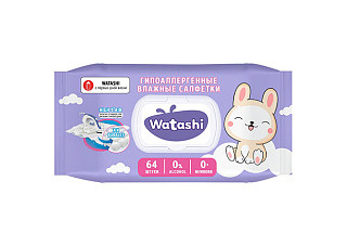 Салфетки влажные Watashi детские без спирта (крышка, клапан) 64шт (13100) (100)