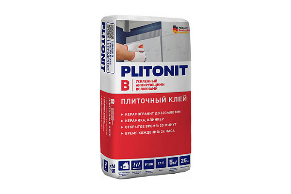 Клей для плитки PLITONIT В С1Т керамогранита 600х600 с армирующими волокнами 25кг Н006066