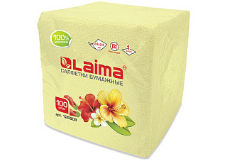 Салфетки бумажные LAIMA/ЛАЙМА, жёлтые (пастельный цвет) 100% целлюлоза, 100штук 24х24см (126908)