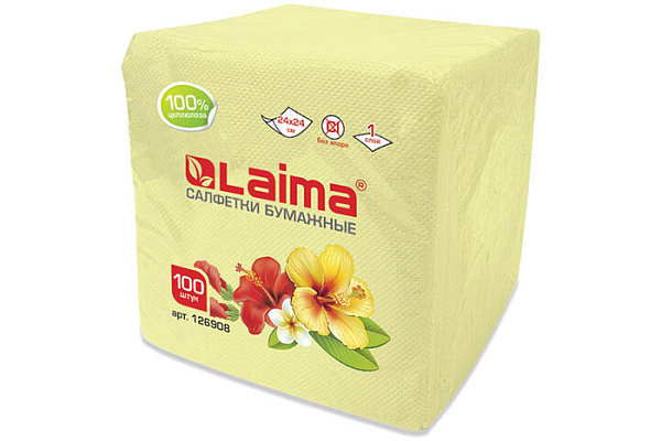 Салфетки бумажные LAIMA/ЛАЙМА, жёлтые (пастельный цвет) 100% целлюлоза, 100штук 24х24см (126908)