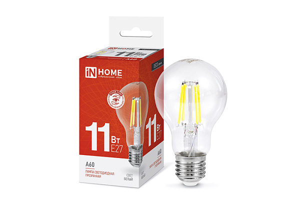 Лампа светодиодная IN HOME LED-A60-deco 11Вт 230В Е27 4000К 1160Лм прозрачная (145)
