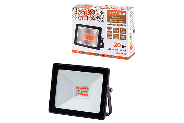 Прожектор светодиодный СДО-04-020Н-К (красный свет) 20 Вт, IP65, черный, Народный (0336-0221)