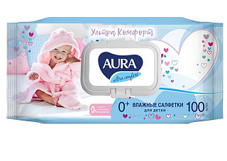 Салфетки влажные AURA детские АЛОЭ с витамином Е с крышкой 100шт (894)