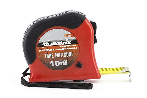 Рулетка MATRIX Double fixation, 10 м х 25 мм, обрезиненный корпус, двойная плавная фиксация (31061)