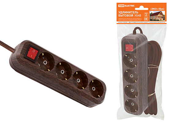 Удлинитель TDM У04В выключатель, 4 гнезда, 5метров,2П+3, ПВС 3х1мм2 ЭКО (бук) 16А/250В (1303-3112)