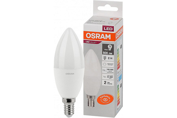 Лампа светодиодная OSRAM LED 10Вт E14 4000К 800Лм свеча 220В (замена 75Вт) (9187)
