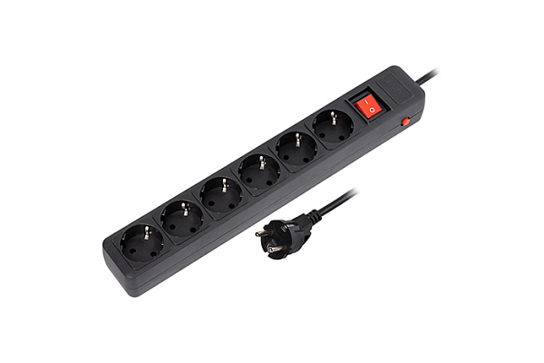 Сетевой фильтр 16А, 3500 Вт, 6 гн, 5м. без з/ш, с з/к, ПВС 3x1.0 мм², черный (SBSP-6-50-K)(723)