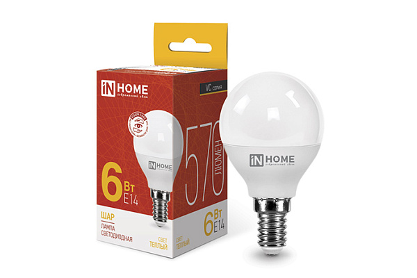 Лампа светодиодная IN HOME LED-ШАР-VC 6Вт 230В Е14 3000К 570Лм (501)
