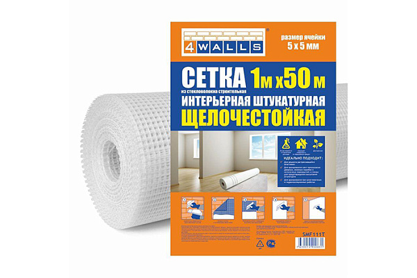 Сетка строительная 4WALLS ИНТЕРЬЕРНАЯ (Штукатурная) 1000мм.х10м белая, 5х5 SMF121T/12 