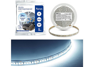 Лента светодиодная FERON 180SMD(2835)/м 16Вт/м 24V 5000х10х1.22мм 6000К, LS502 (844)