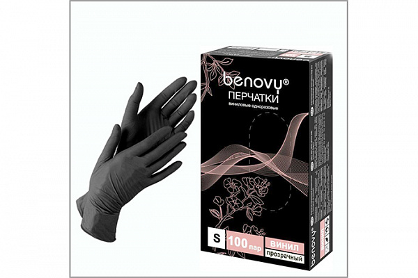 Перчатки виниловые BENOVY одноразовые черные в коробке L/50пар (123)