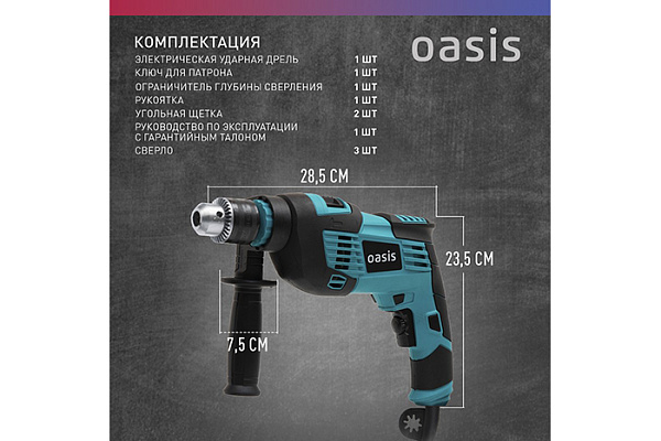 Дрель ударная OASIS DU-100 (1000Вт, 3300об/мин, 13мм, 43200уд/мин, 2.3кг)