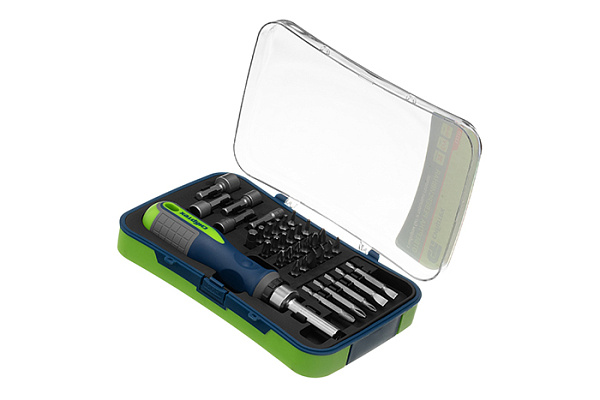 Отвертка-реверс + биты СИБРТЕХ 35 пред PH + SL + Torx + PZ + Hex + Sq CrV 3к рукоятка (13337) (1/24)