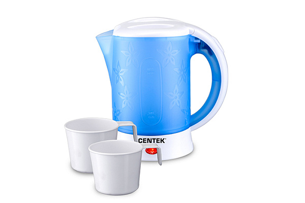 Чайник дорожный Centek CT-0054 (синий/белый) 600мл, 600Вт, ДОРОЖНЫЙ ЧАЙНИК + 2 ЧАШКИ + 2 ЛОЖКИ