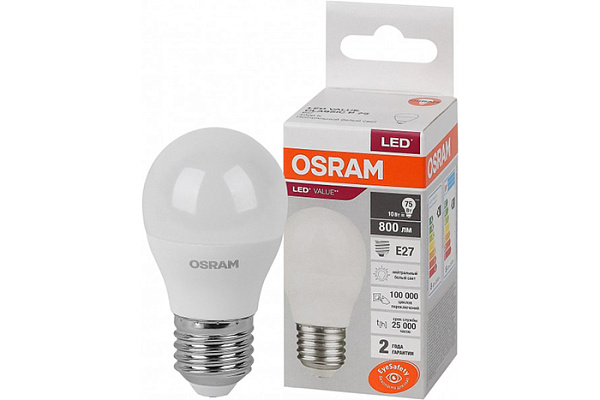 Лампа светодиодная OSRAM LED 10Вт E27 4000К 800Лм шарик 220В (замена 75Вт) (9927)