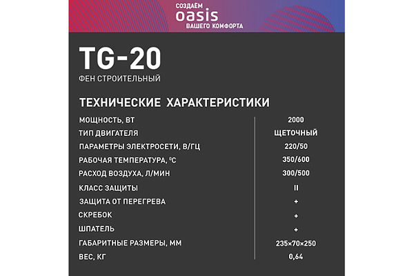 Фен OASIS TG-20 NEW электрический (2000Вт, 220/50В/Гц, темп. нагрева 350-600°С, 0,64кг)