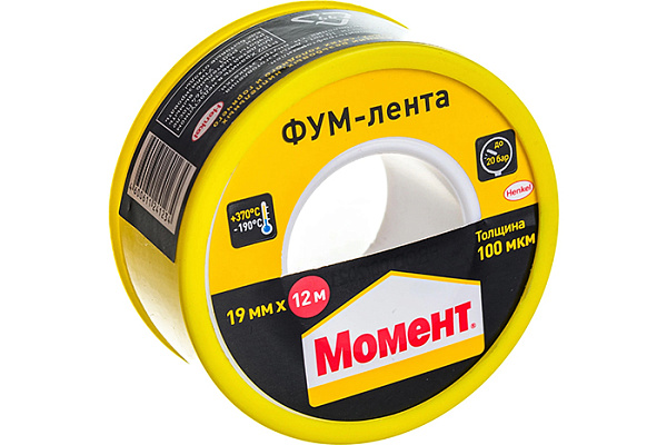 МОМЕНТ ФУМ-лента Уплотнительная Лента тефлоновая Рулон в шоу-боксе Белый 20 м х 19 мм, 3049500