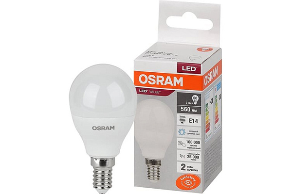 Лампа светодиодная OSRAM LED 7Вт E14 6500К 560Лм шарик 220В (замена 60Вт) (9682)
