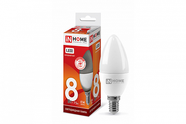 Лампа светодиодная IN HOME LED-СВЕЧА-VC 8Вт 230В Е14 6500К 720Лм (806/408)